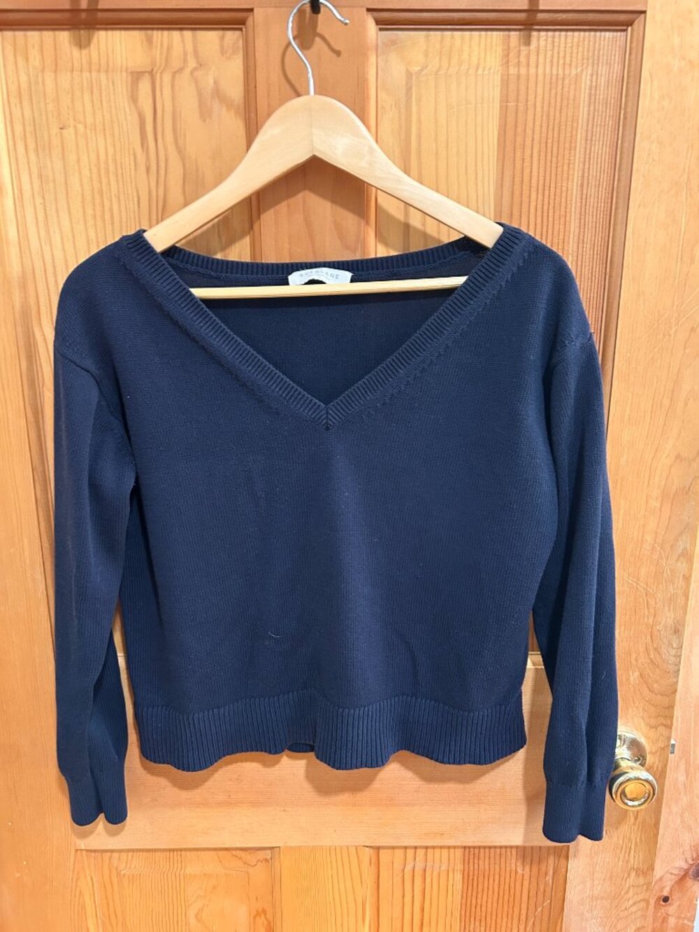 Everlane Cotton V-Neck Sweater Navy Blue Relaxed Knit Pullover Size S